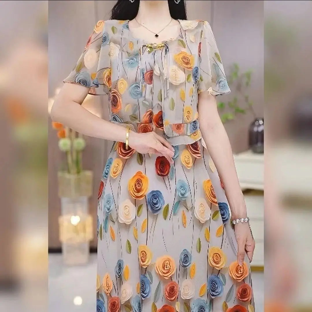 Women's Exquisite Printed Short Sleeved Dress 2024 Summer New Elegant And Beautiful Medium-length Shirt Skirt Mother's Outfit