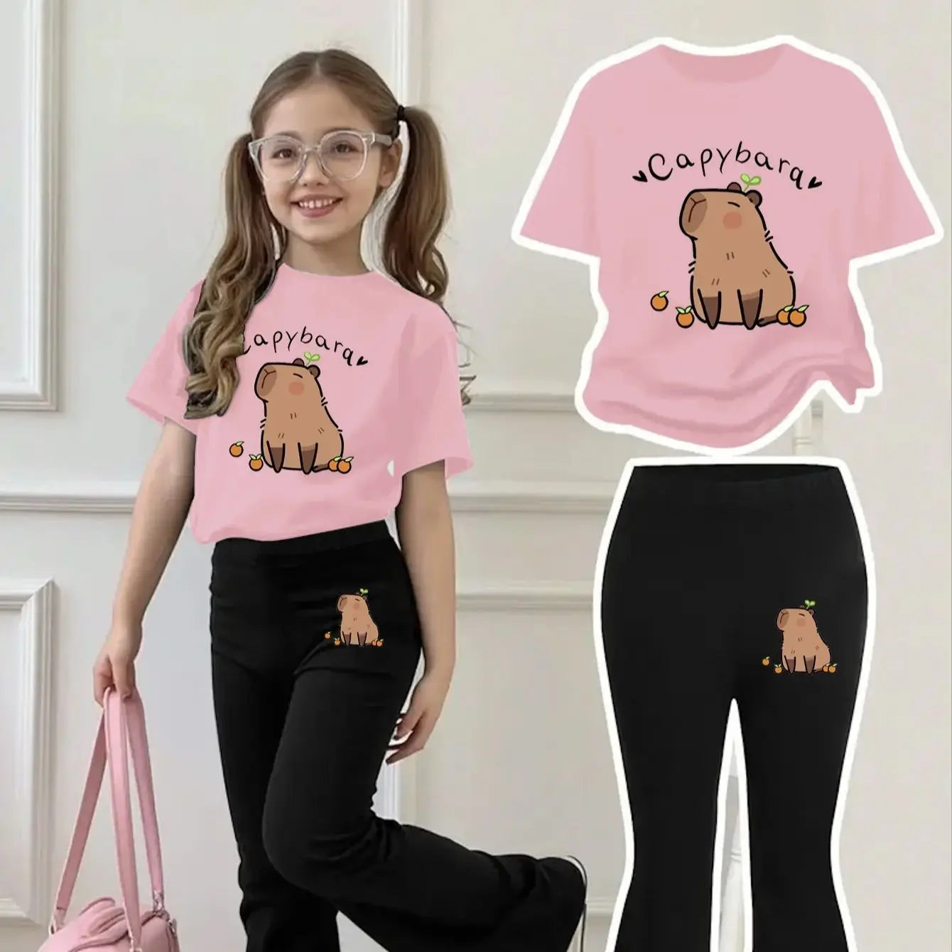 Cute Capybara Print Outfit for Girls Aged 4-12, Pink Short-Sleeved Shirt with Cartoon Capybara Print, Adorable and Playful, Decorated with Small Oranges Around It, with the Text "Capybara" in English on Top, Super Cute), Pair