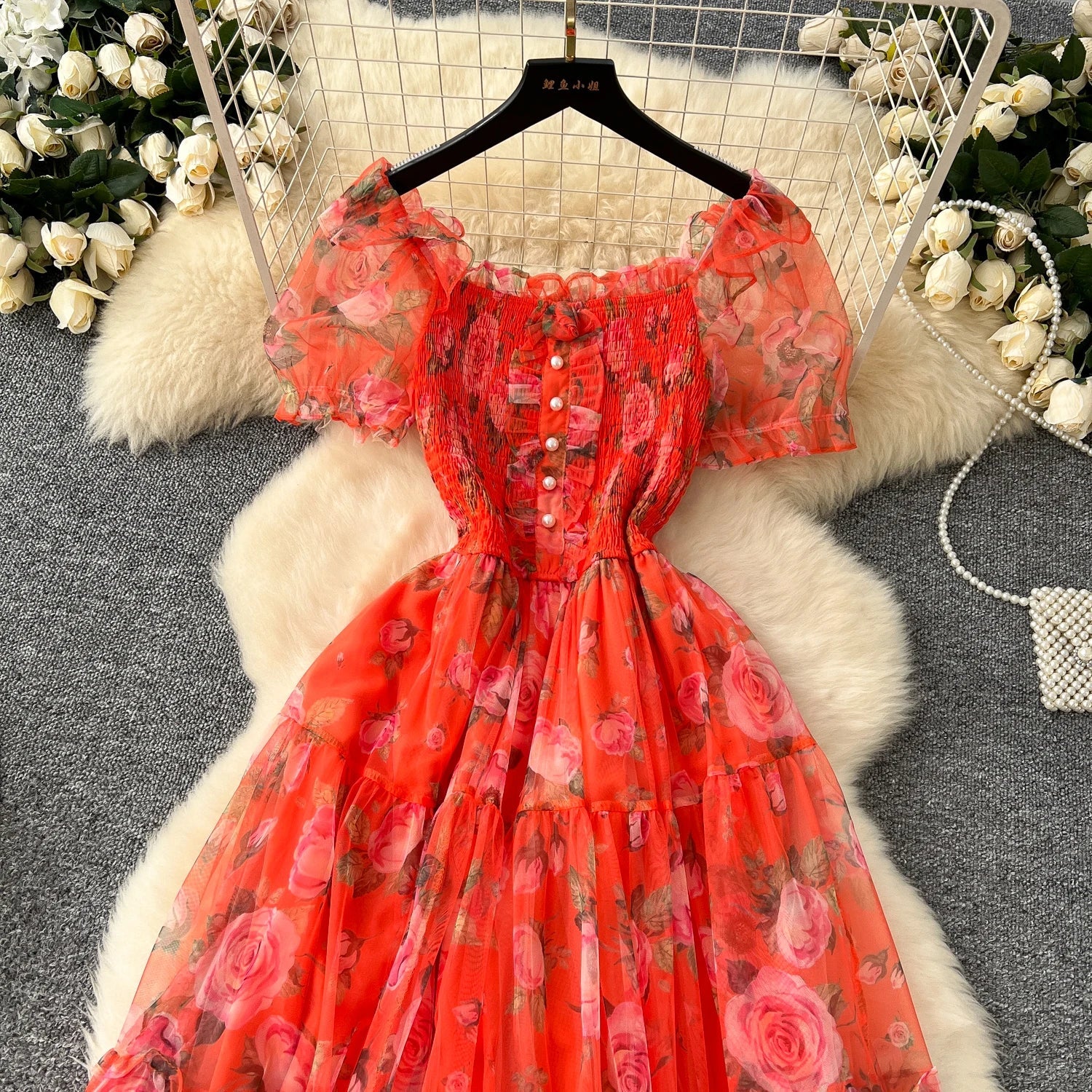 Retro Floral Chiffon Dr Women's Waist Cinched One oulder Bubble Sve Me Skirt Commute Korean Sle High Waist A-Line...