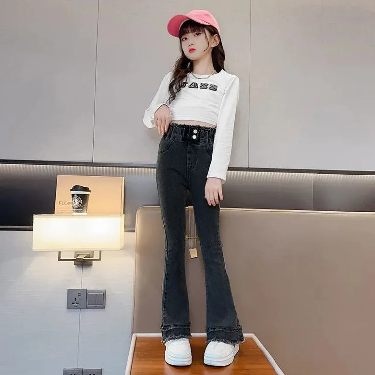 Baby Girls Jeans Children's Clothing Kids Clothes Casual Streetwear Vintage Denim Bell Bottoms Cute Kids Pants Cowboy