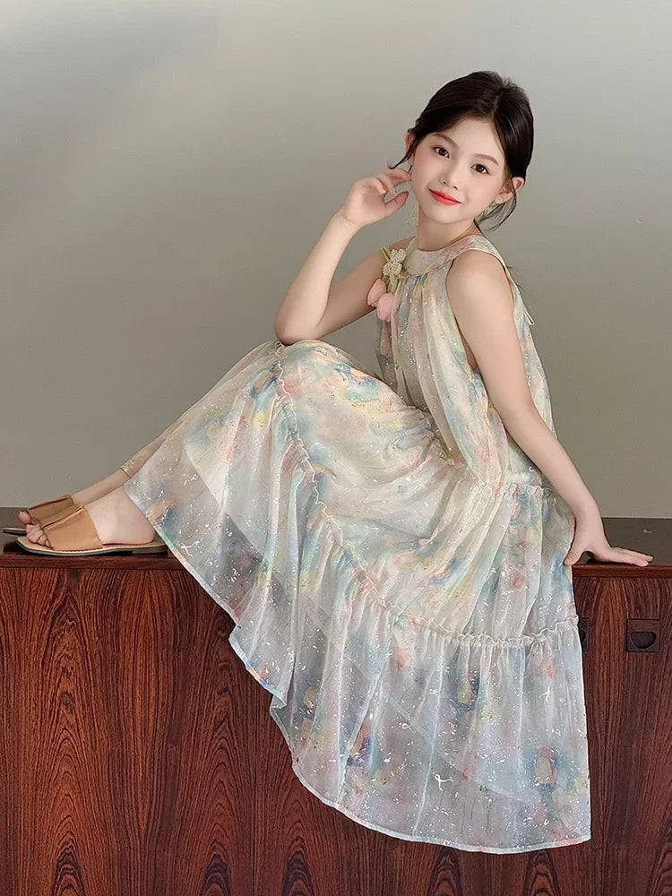 Princ Sle Floral Print Summer Dr for Girls Children's Clothing Big Kids Beach Vaion Skirt Breathable Soft Fabric