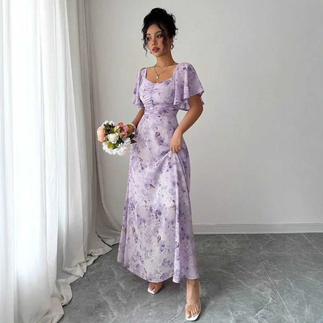 Fashionable Long Floral Print Dress Women's New Summer Slimming Age-Defying Dress Empire Waist Bubble Sleeve Knee-Length