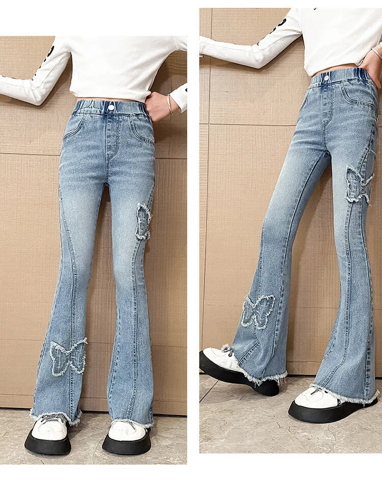 Fashion Jeans for Girls with Butterfly New Arrvial Kids Vintage Tight Denim Flare Pants 2024 Spring Autumn Teenage Slim Trousers