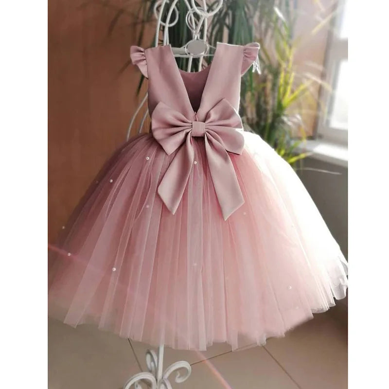 Baby Girl Party Dress Back Bow Elegant Flying Sleeve Mesh Tutu Dress with Pearl Solid Flower Girl Wedding Dress Birthday Gowns