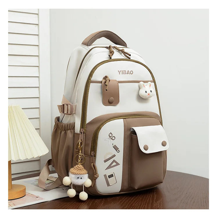 New cute rabbit children school backpack Fashionable splicing color contrast fresh lady knapsack kids schoolbags bring a doll