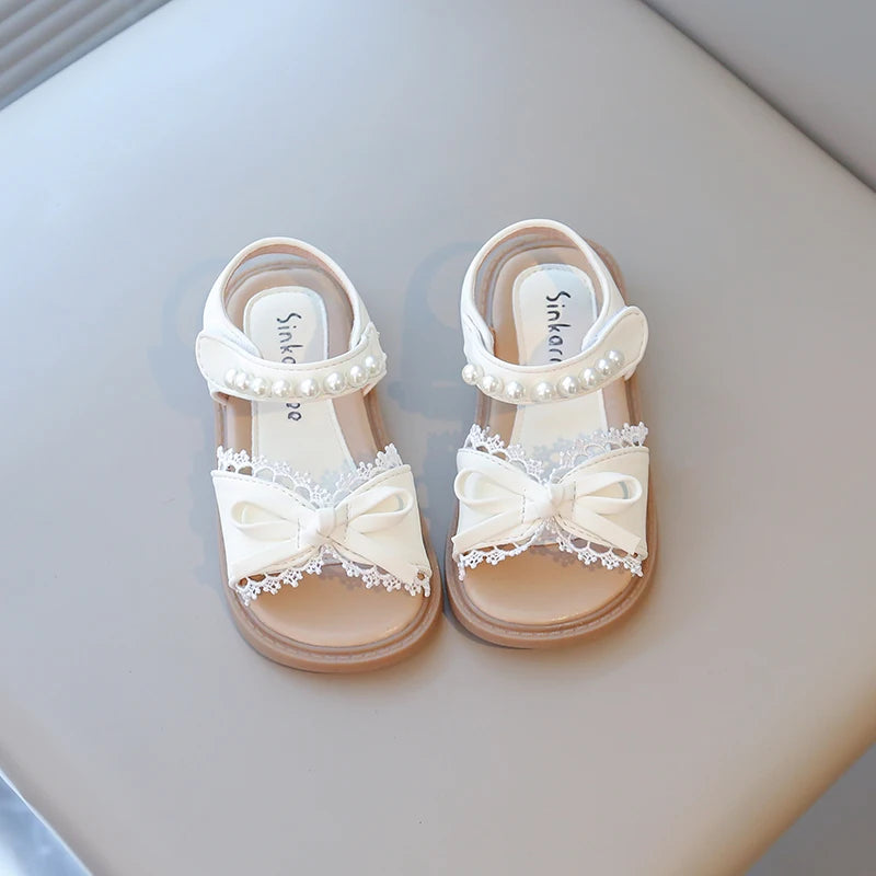 Summer Girl's Princess Shoes Lace Bowtie Open Toe Pearl Sweet Kid's Flat Shoe Solid Colors Anti-slip Chic Daily Children Shoe