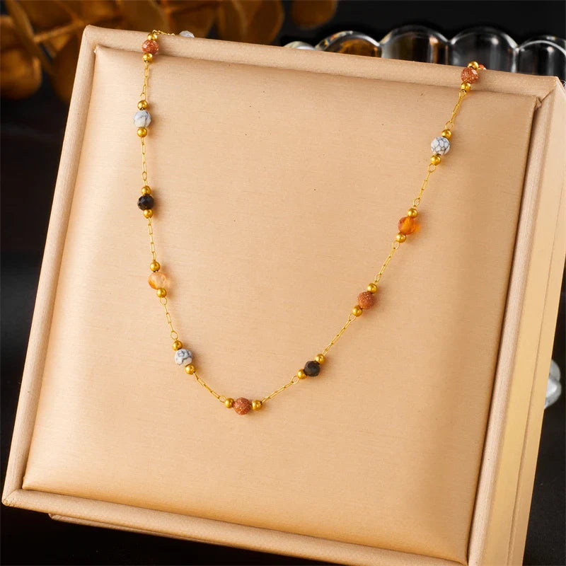 DIEYURO 316L Stainless Steel Natural Colored Beads Simplicity Necklace For Womens New Fashion Exquisite Neck Chain Jewelry Gift