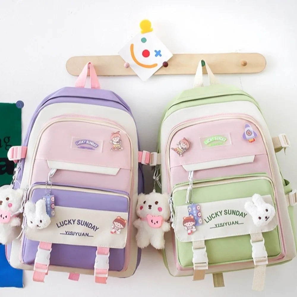 5 Pcs Cute Large Capacity Backpack Set Multifunctional Breathable Student Schoolbag Buckle Coin Purse School