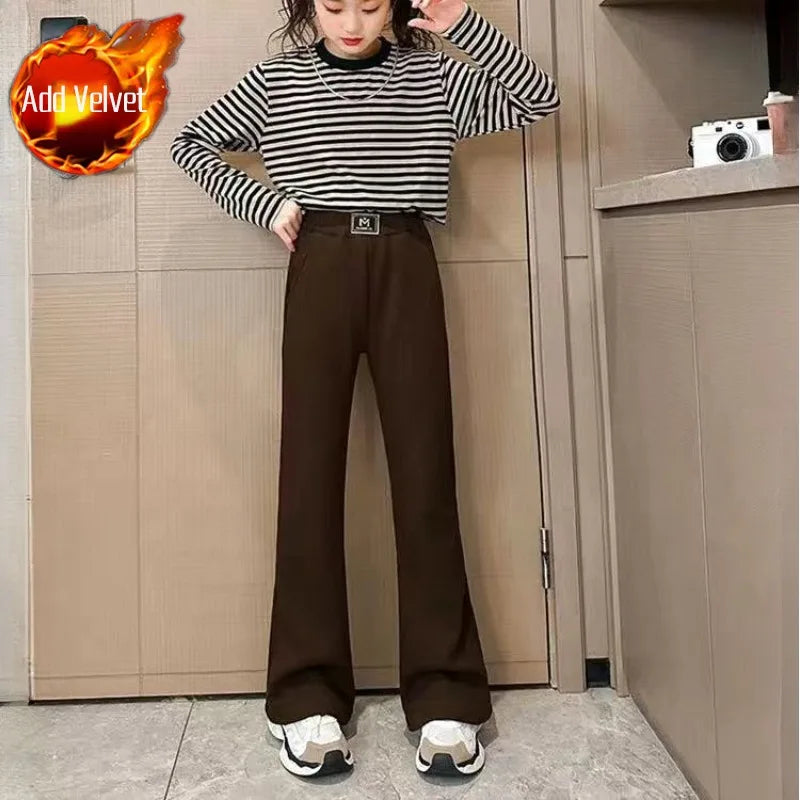 Girl's Autumn Winter New Mid-Weight Flared Jeans with Integrated Fleece-Lining, Stylish Casual Pants for Tween Girls