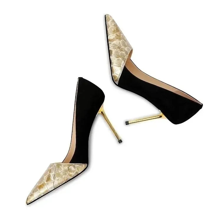 Black Green Leather Splicing High Heels 10cm Women Shoes Thin Heels Suede Pointed Head Ladies Pumps Shallow Stiletto Party Shoes