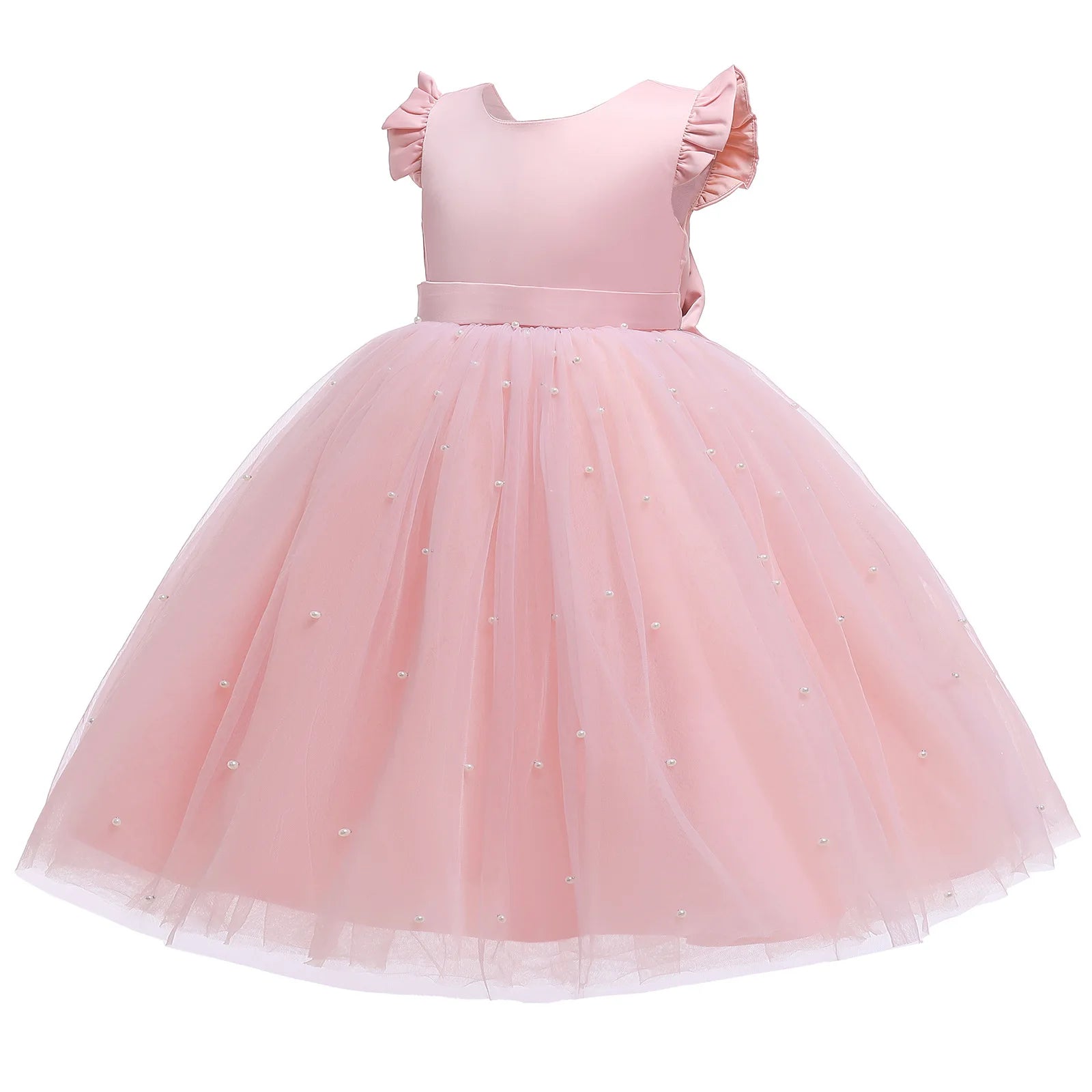 Baby Girl Party Dress Back Bow Elegant Flying Sleeve Mesh Tutu Dress with Pearl Solid Flower Girl Wedding Dress Birthday Gowns
