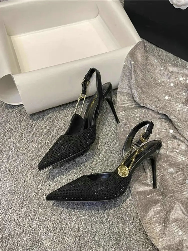 2025 Pointed-Toe Diamond High Heels For Women, Black Tight French Sexy Luxury Hollow Sandals