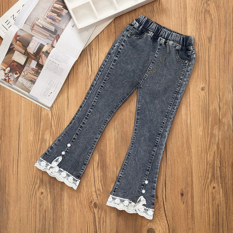3-12 Year Old Girls' Jeans 2024 New Children's Fashion Lace Long Pants Sweet Korean Bow Flare Pants Loose Casual Pants