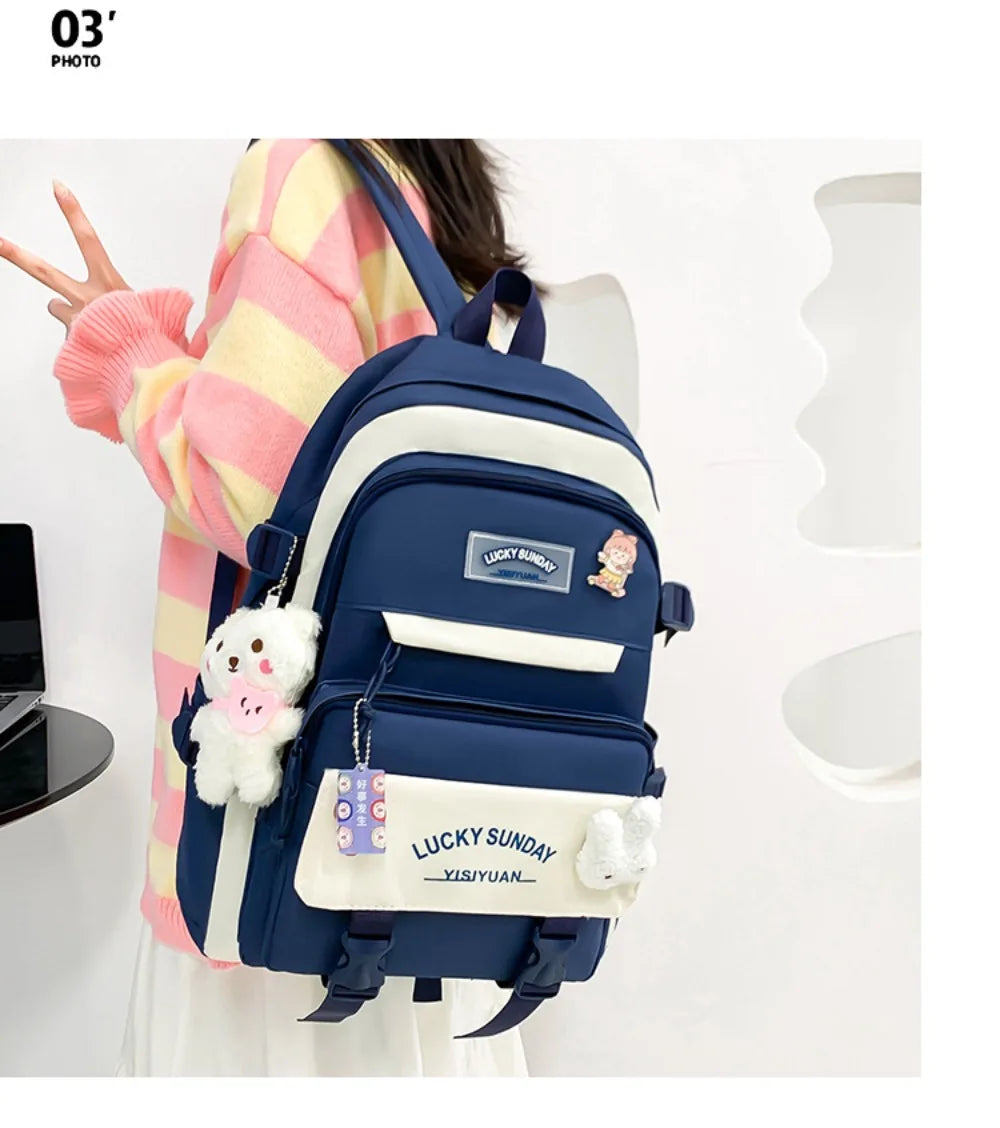 5 Pcs Cute Large Capacity Backpack Set Multifunctional Breathable Student Schoolbag Buckle Coin Purse School