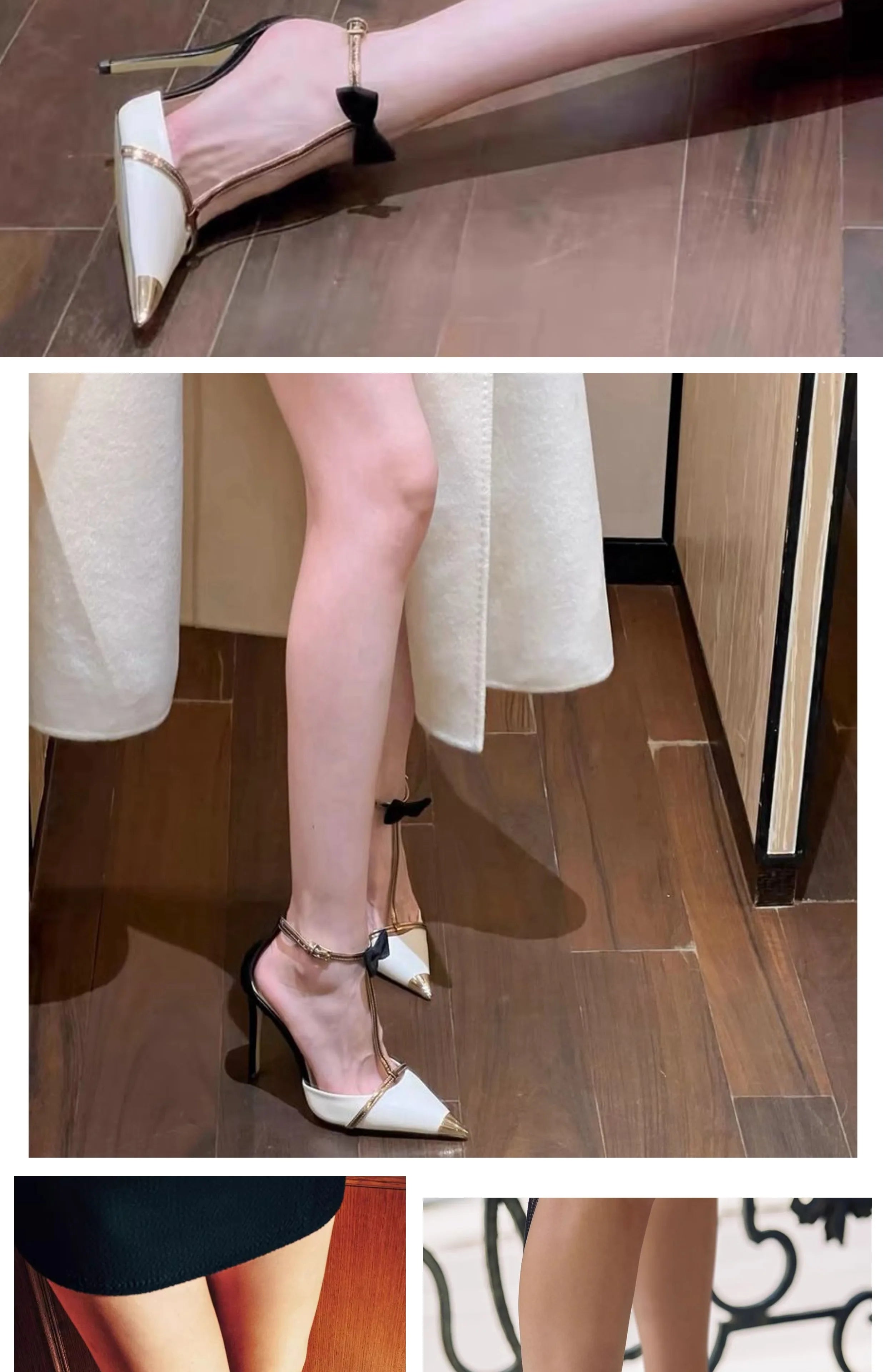 High heeled women's 2025 new hollow pointed color blocked niche butterfly bow metal toe cap straight strap thin heel sandals