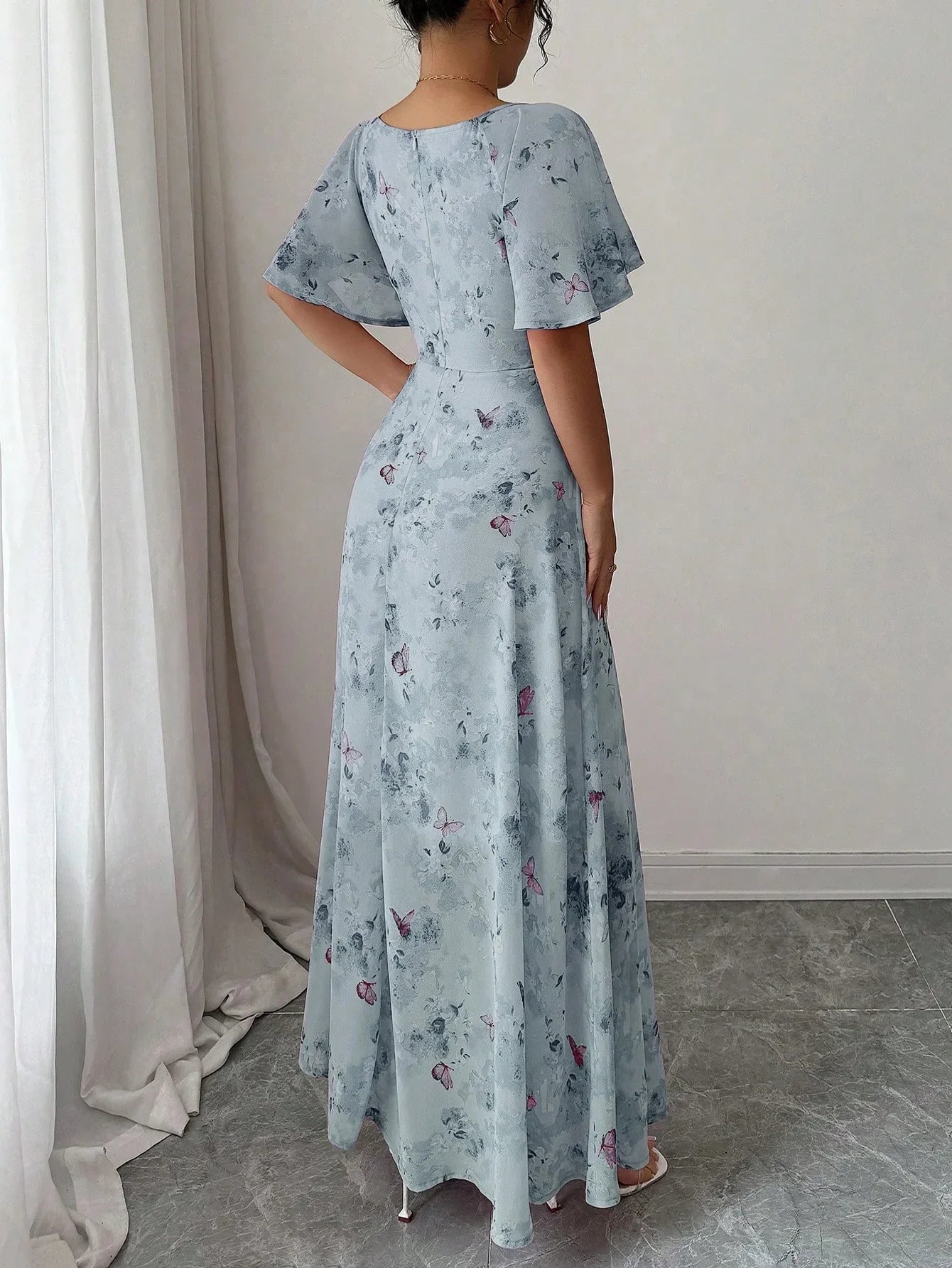 Fashionable Long Floral Print Dress Women's New Summer Slimming Age-Defying Dress Empire Waist Bubble Sleeve Knee-Length