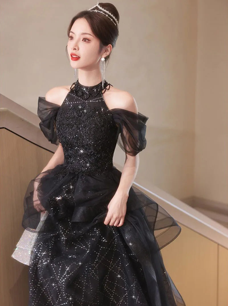 Evening Dresses Luxury 2026 Black Halter Evening Dress Corset Bodice Sequin Tulle Puffy Gown For Gala & Quinceanera