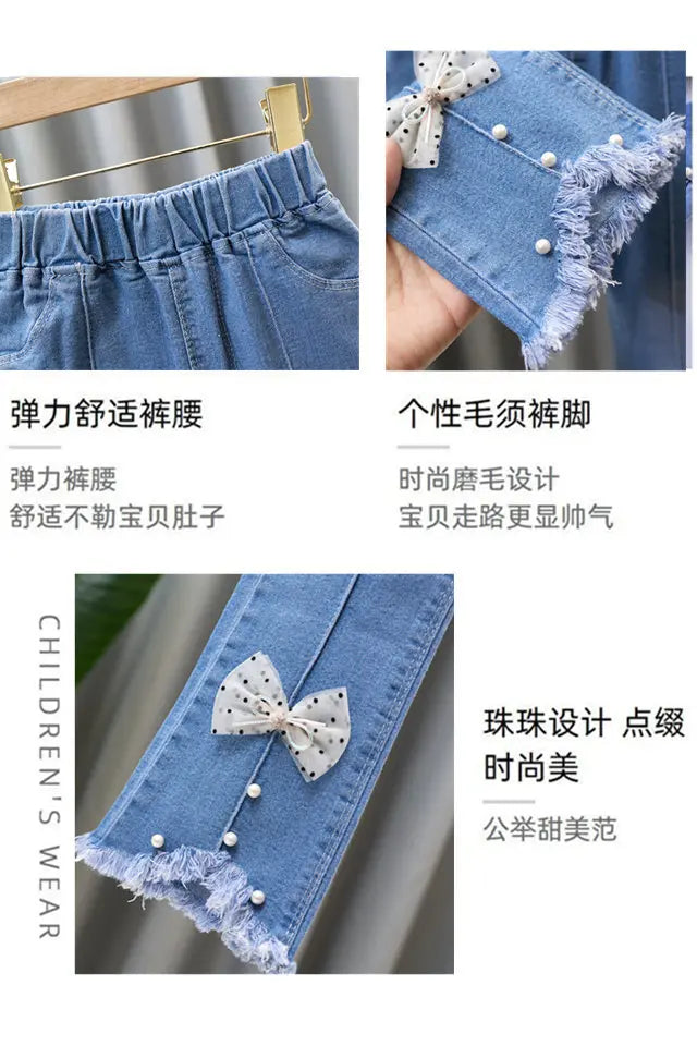 Girls Blue Jeans for Children's Fashion Clothing Princess Kids Denim Wide-leg Pants Baby Teens Girl Flared Bow Applique Trousers