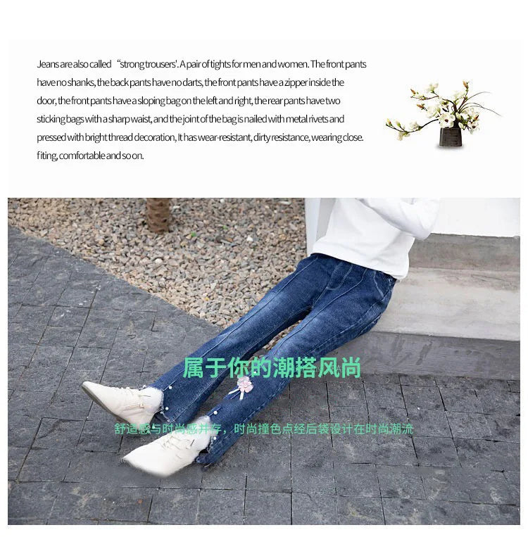 Girls Blue Jeans for Children's Fashion Clothing Princess Kids Denim Wide-leg Pants Baby Teens Girl Flared Bow Applique Trousers