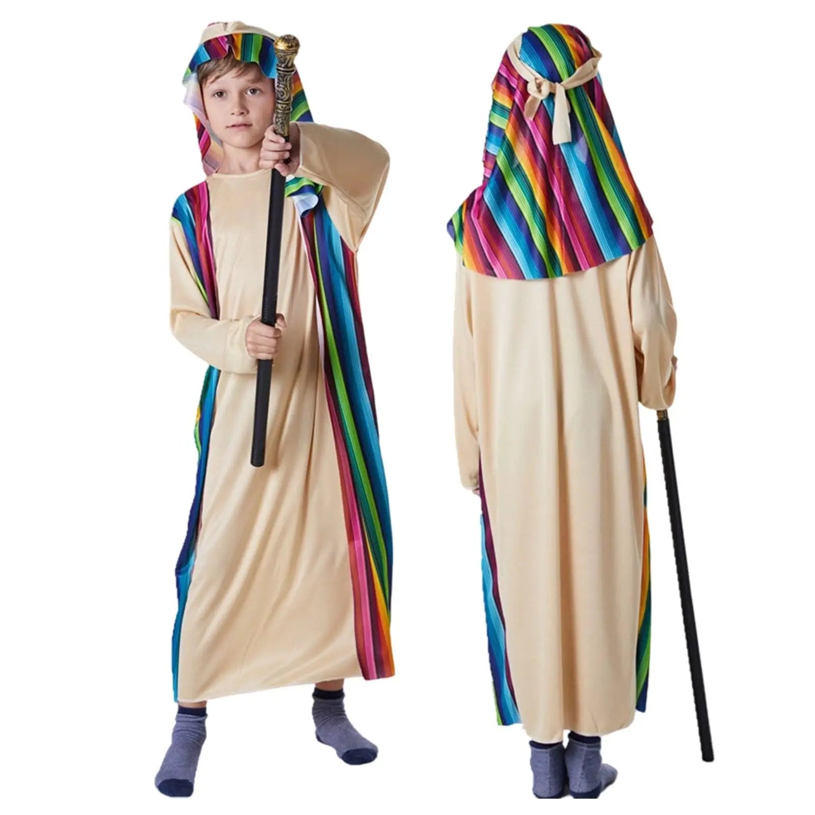 Boys Ethnic Gown Beige Rainbow Stage Clothing Striped Tunic Hooded Capelet Themed Cosplay Party 2026 Stylish Lively Outfit Abito