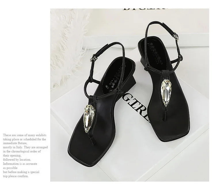 Wedge Heel with Herringbone Sandals Women's Rhinestone Thin Strap Toe Women's High Heels