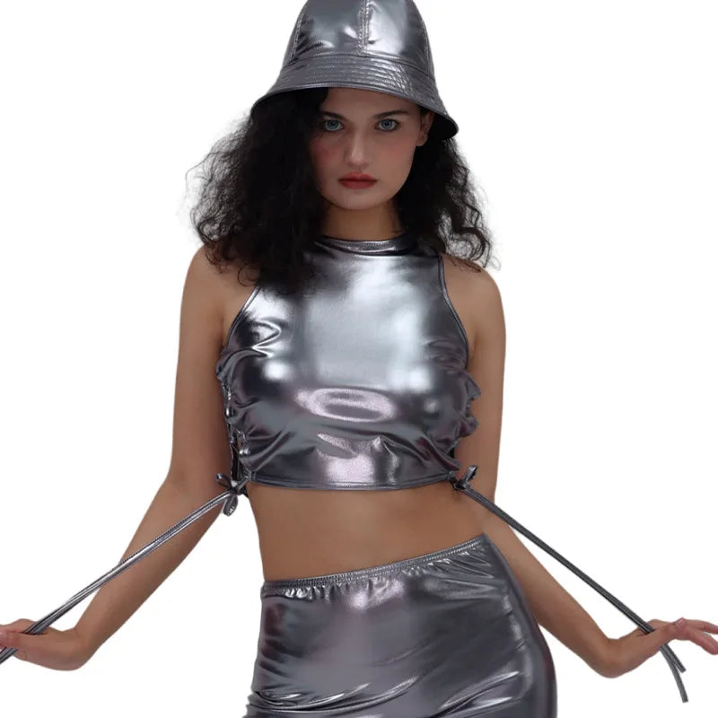 Hot Stamping Patent Leather Party Performance Costume Women's Sleeveless Strap Sleeveless Vest Nightclub Shorts Skirts
