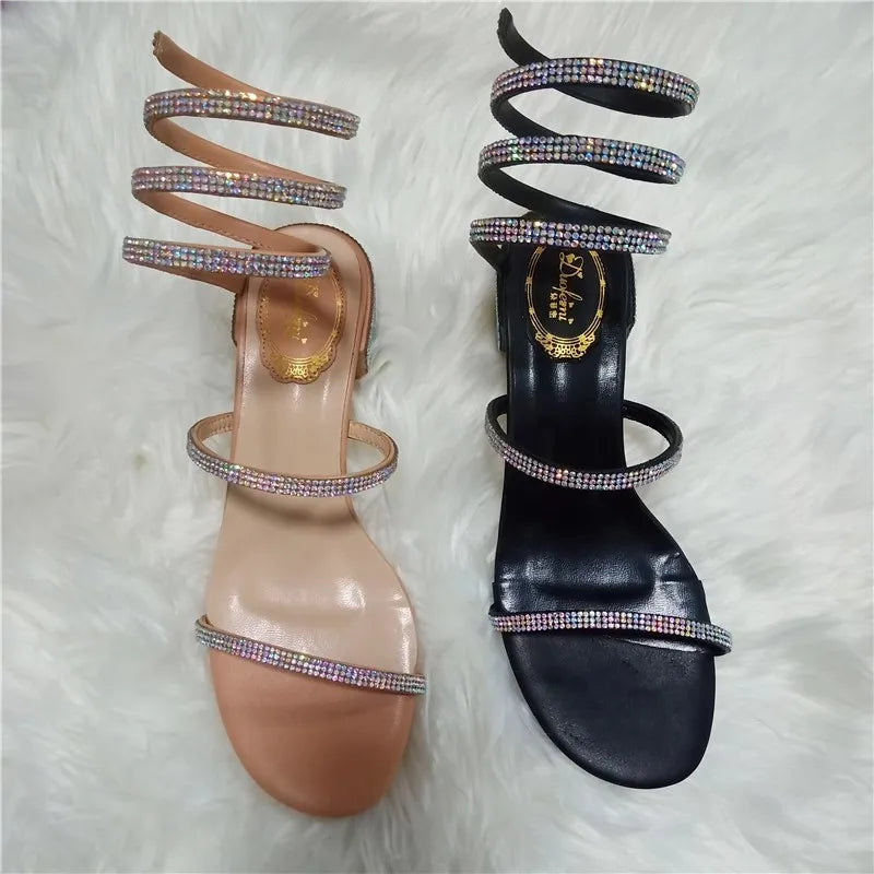 Summer Fashio 4CM Thick Heel Gladiator Sandals Women Flat Sandals Snake Punk Rhinestone Women Sandals Wedding Shoes