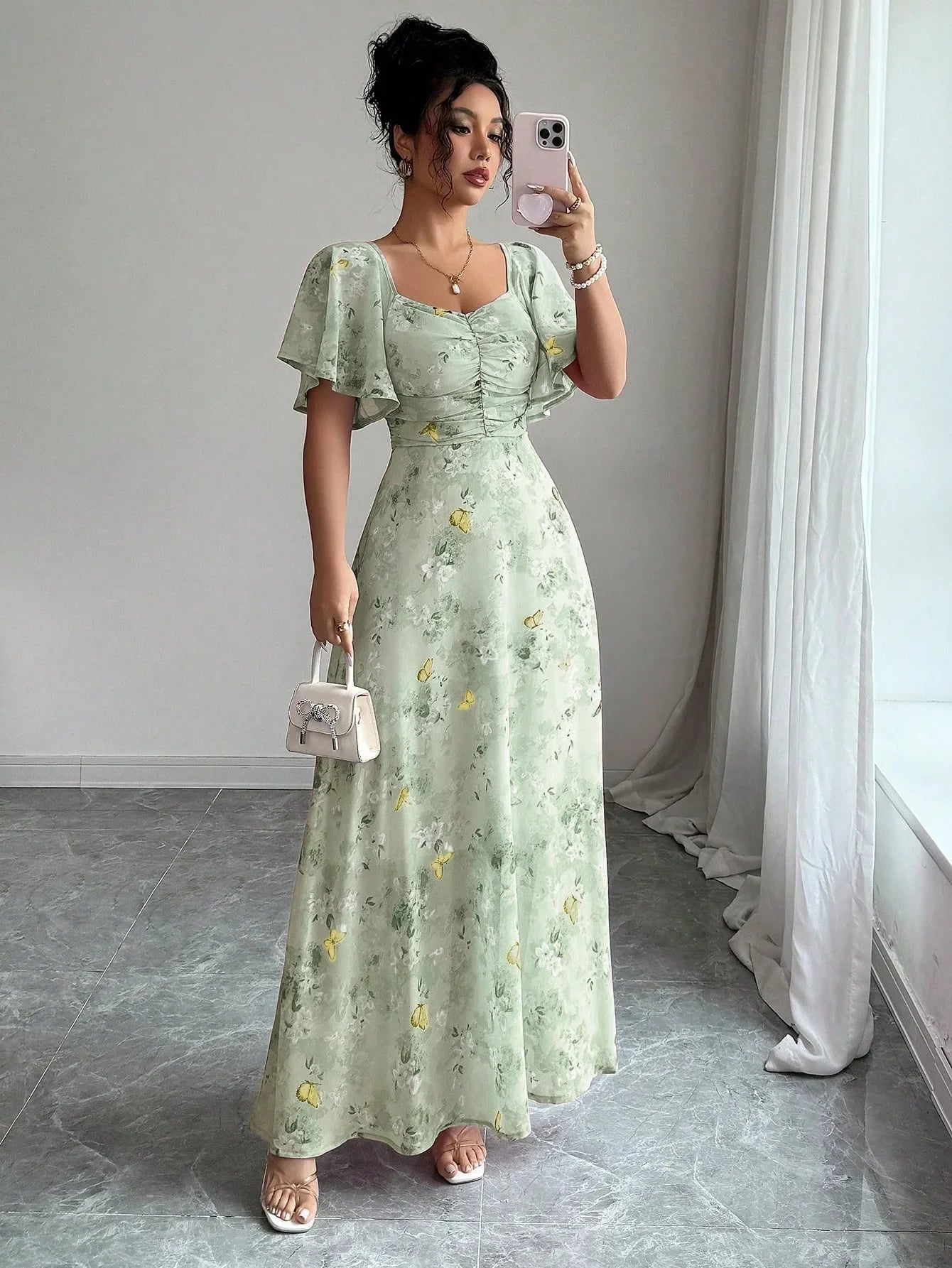 Fashionable Long Floral Print Dress Women's New Summer Slimming Age-Defying Dress Empire Waist Bubble Sleeve Knee-Length