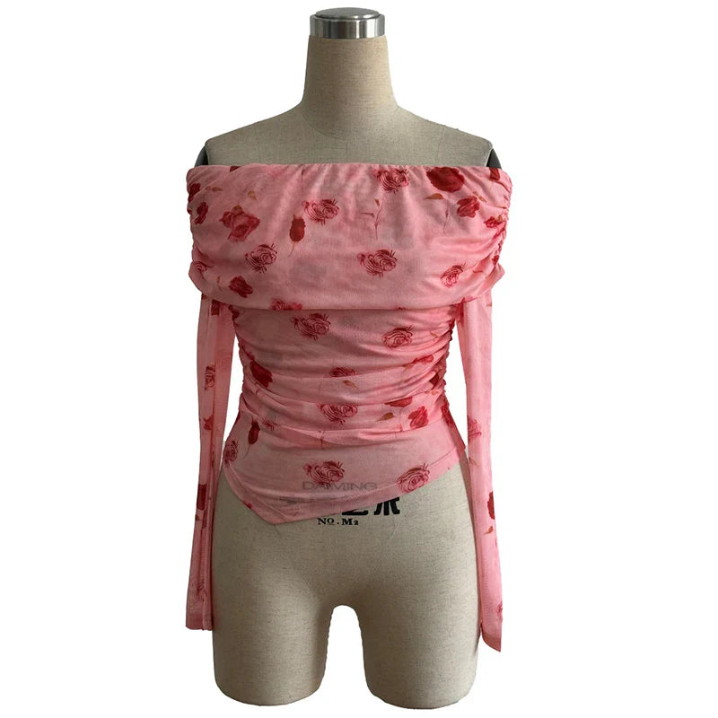 Sexy Irregular Off Shoulder Printed Long Sleeve T-Shirt Women Elegant Slim Fit T Shirts For Women Fashion Tops Tee