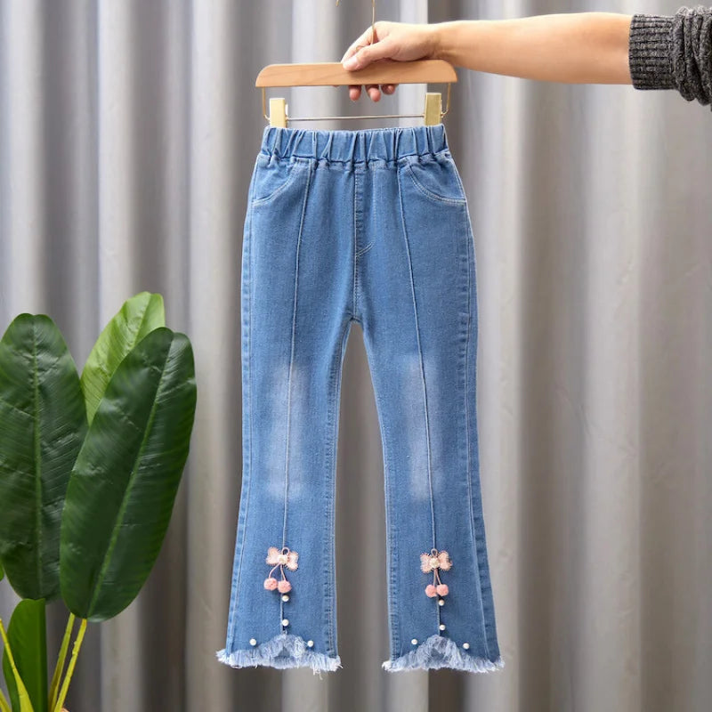 Girls Blue Jeans for Children's Fashion Clothing Princess Kids Denim Wide-leg Pants Baby Teens Girl Flared Bow Applique Trousers