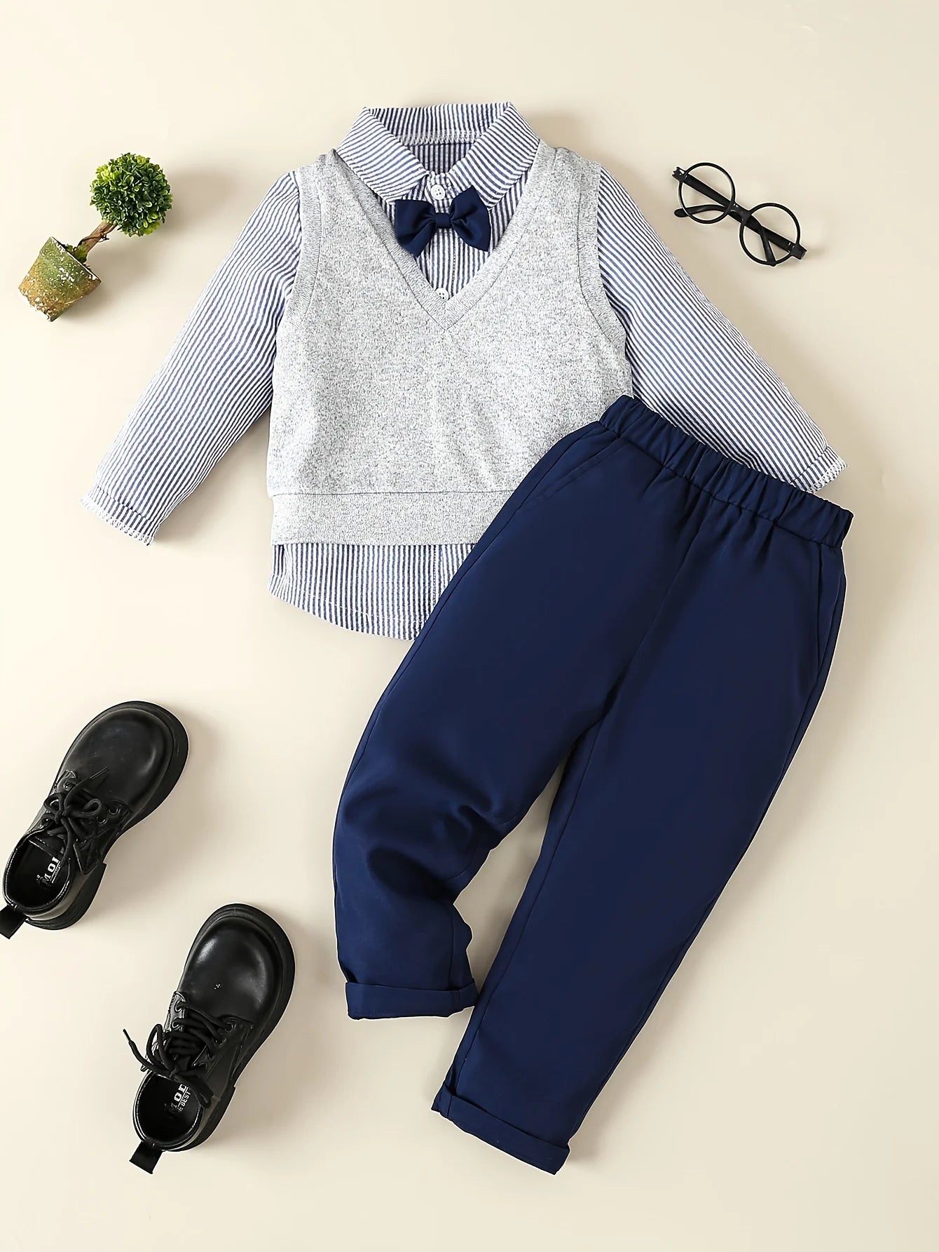 Boys Autumn Thin Gentleman Dress Blue Stripe Bow Shirt+Grey Thin Vest+Pants Three Piece Party Dress Set