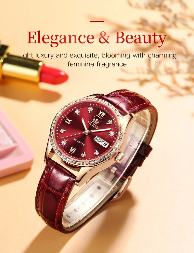 OLEVS Fashion Women Mechanical Watches Luxury Diamond Ceramic Strap Waterproof Luminous Week Calendar Automatic Watch For Women