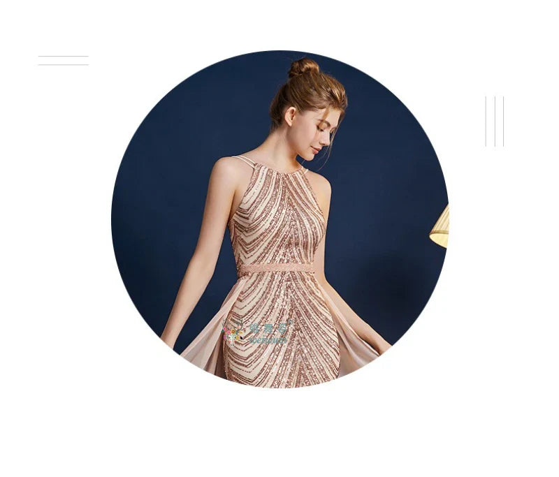 Chic High Sleeveless Sexy Backless Beading Sequined Mermaid Formal Evening Dresses Birthday Party Prom Gowns Elegant Luxury