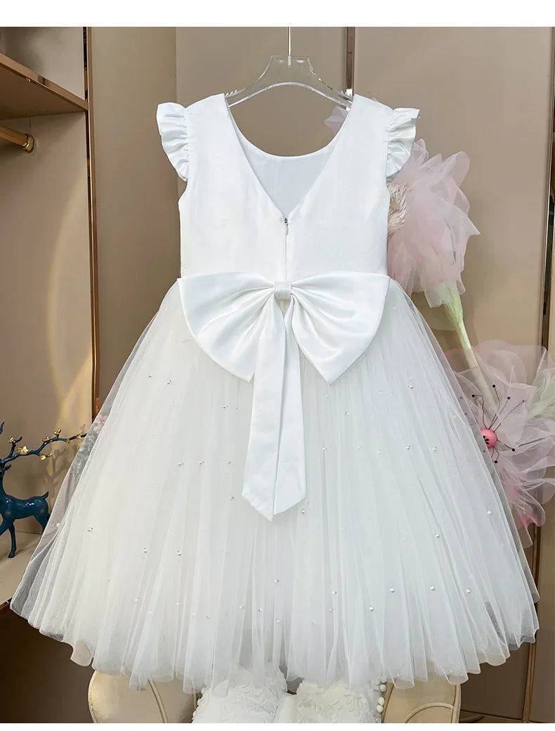 Baby Girl Party Dress Back Bow Elegant Flying Sleeve Mesh Tutu Dress with Pearl Solid Flower Girl Wedding Dress Birthday Gowns