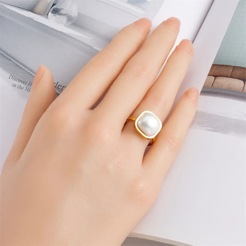 DIEYURO 316L Stainless Steel Square Large Pearl Necklace Earrings Ring For Women Girl New Party Gift Fashion Jewelry Set Bijoux
