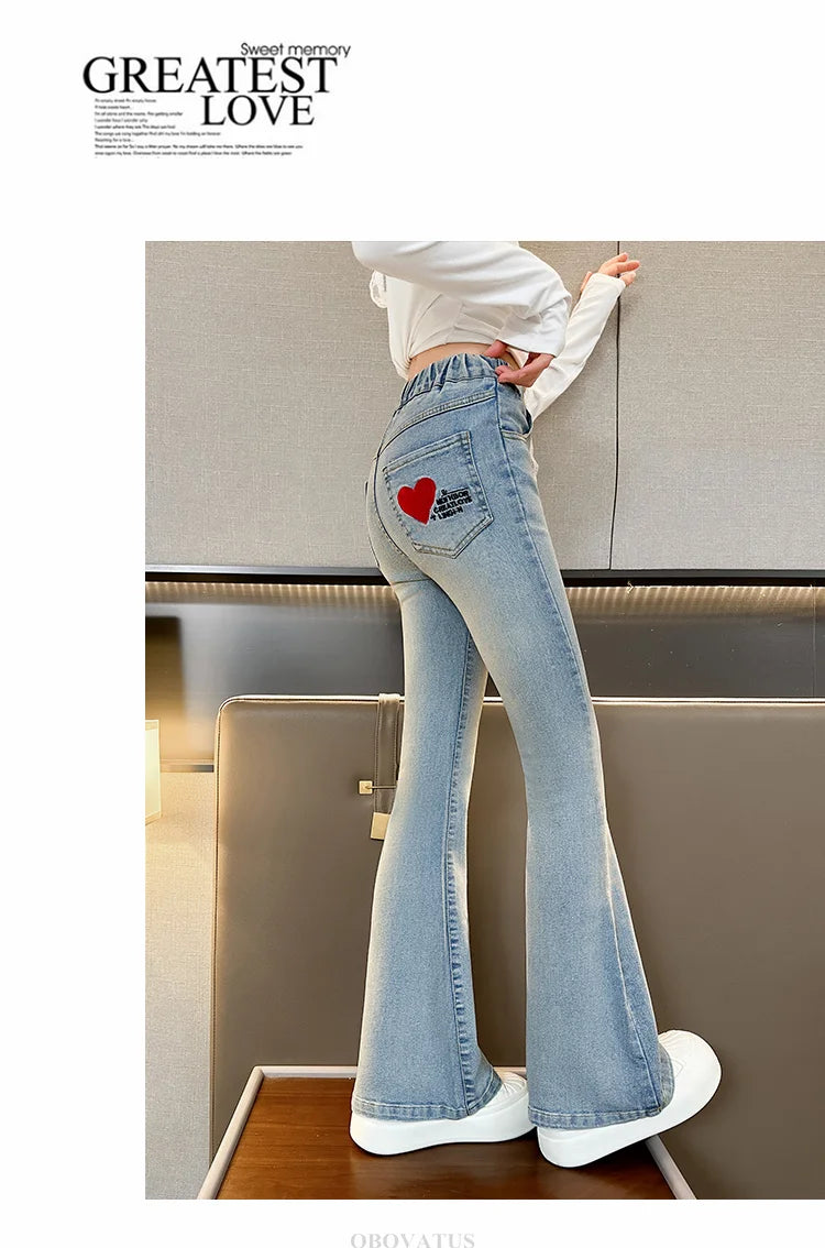 Child Slim Close-fitting Heart Pattern Flared Jeans For Girls Elegant Boot Cut Denim Leggings Pants Kids Fashion Jeans Trousers