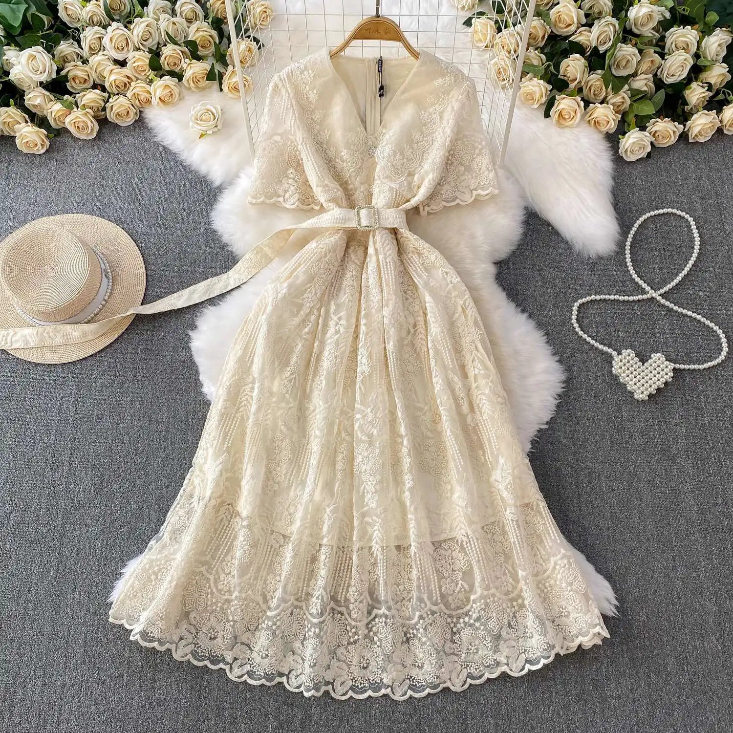 Luxury Formal Evening Lace Dress Women Summer Short Sleeve Crochet Embroidery Prom Long Dresses Runway Party Vestidos