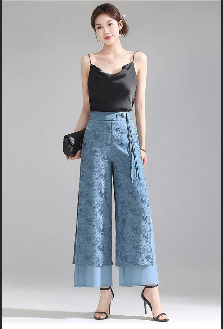 Chiffon Wide Wide Trousers Female Elegant Vintage New Pants Summer Thin Split Loose Skirt Pants Women Black Green