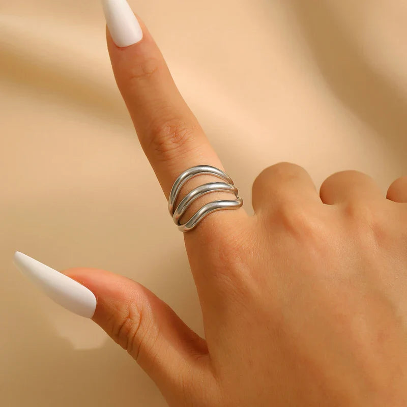 Stainless Steel Multi-Layer Wave Open Bracelet Rings Set for Women Simple Metal Twisted Lines Hand Chain Fashion Banquet Jewelry