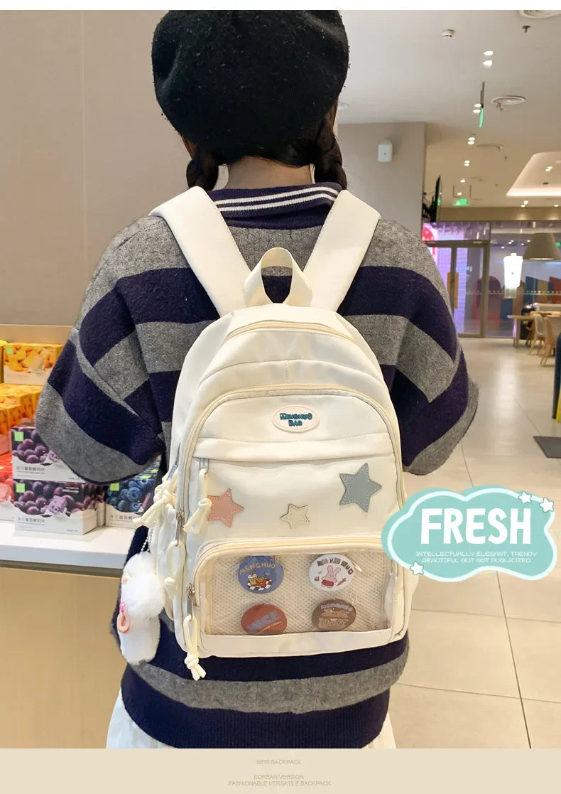 Casual Transparent Badge Large Capacity Commuter Backpack Suitable for Middle School Students Cute School Style Double Shoulder
