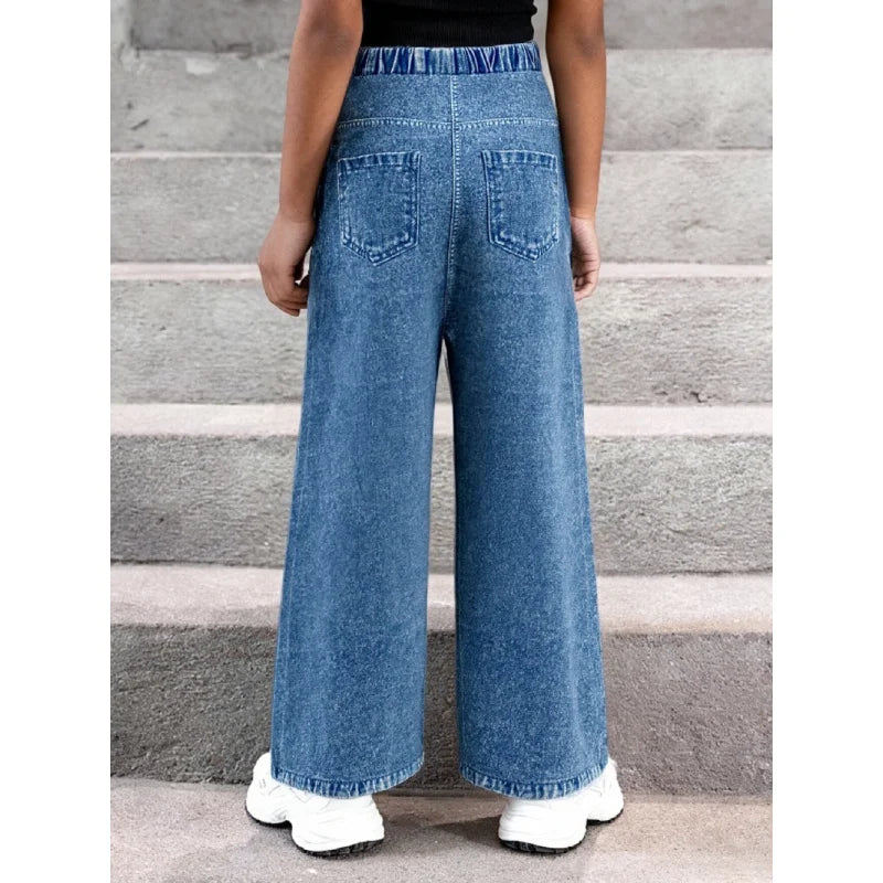 2025Girls' Y2K Butterfly Print Ripped Faux Jeans High-Rise Elastic Waist Loose Wide-Leg Faux Jeans