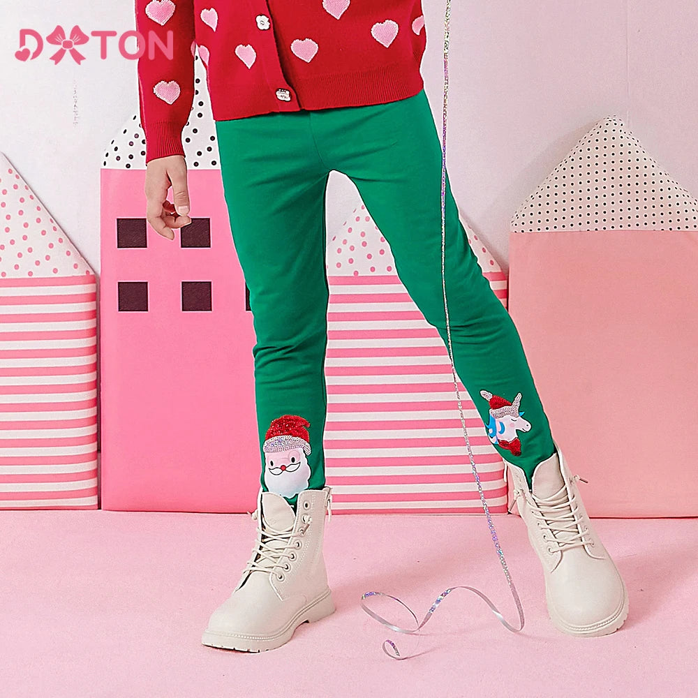 DXTON Toddler Cotton Leggings Baby Girls Pencil Pants Four Seasons Green Solid Christmas Man Applique Girls Skinny Trousers