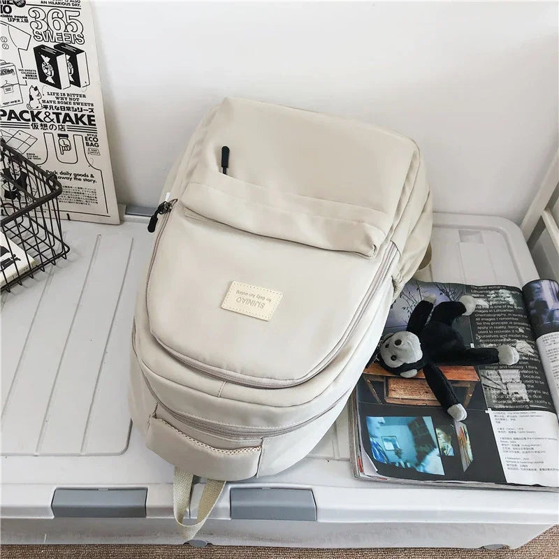Solid Color Backpack Women Multi-pocket College Book Bag Casual Laptop Backpacks Men Schoolbag For Teenage School Bags For Girls