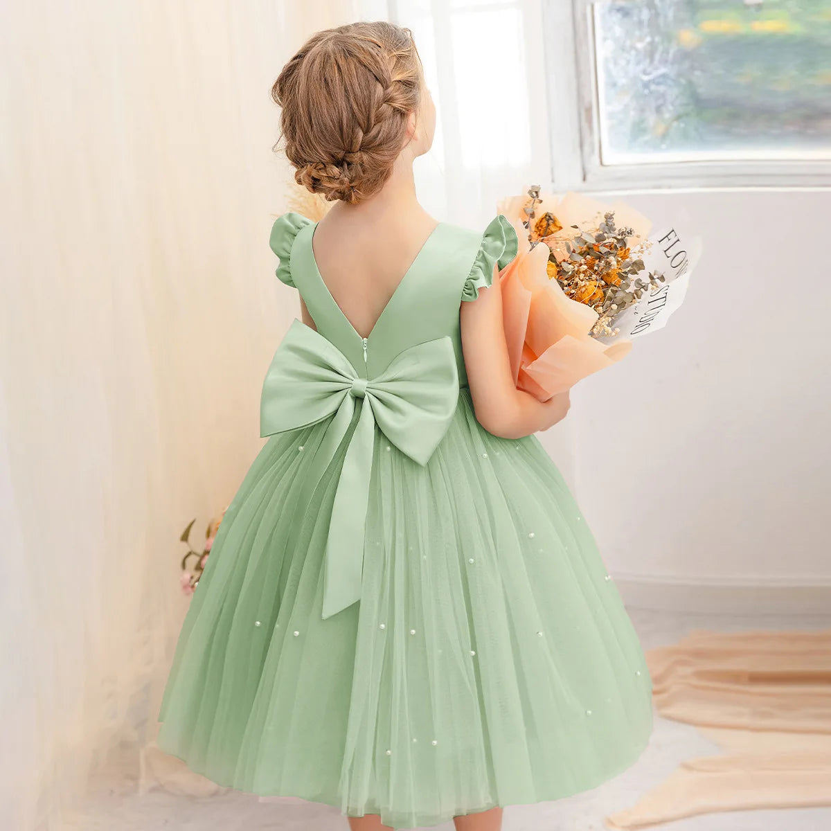 Baby Girl Party Dress Back Bow Elegant Flying Sleeve Mesh Tutu Dress with Pearl Solid Flower Girl Wedding Dress Birthday Gowns