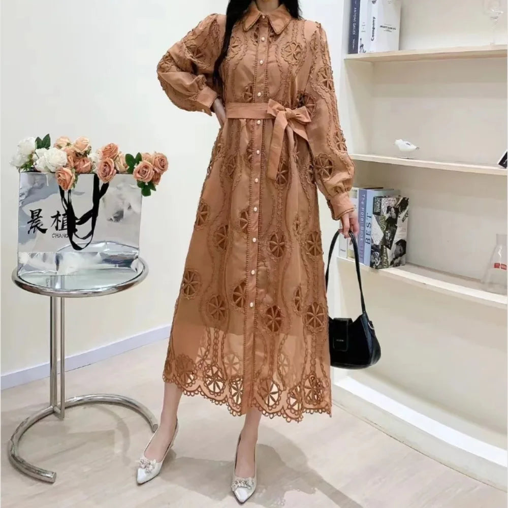 Elegant Embroidery Vintage Lantern Sleeves Lapel Single Breasted Chic Bandage Slim Long Dresses Women High Street Clothing