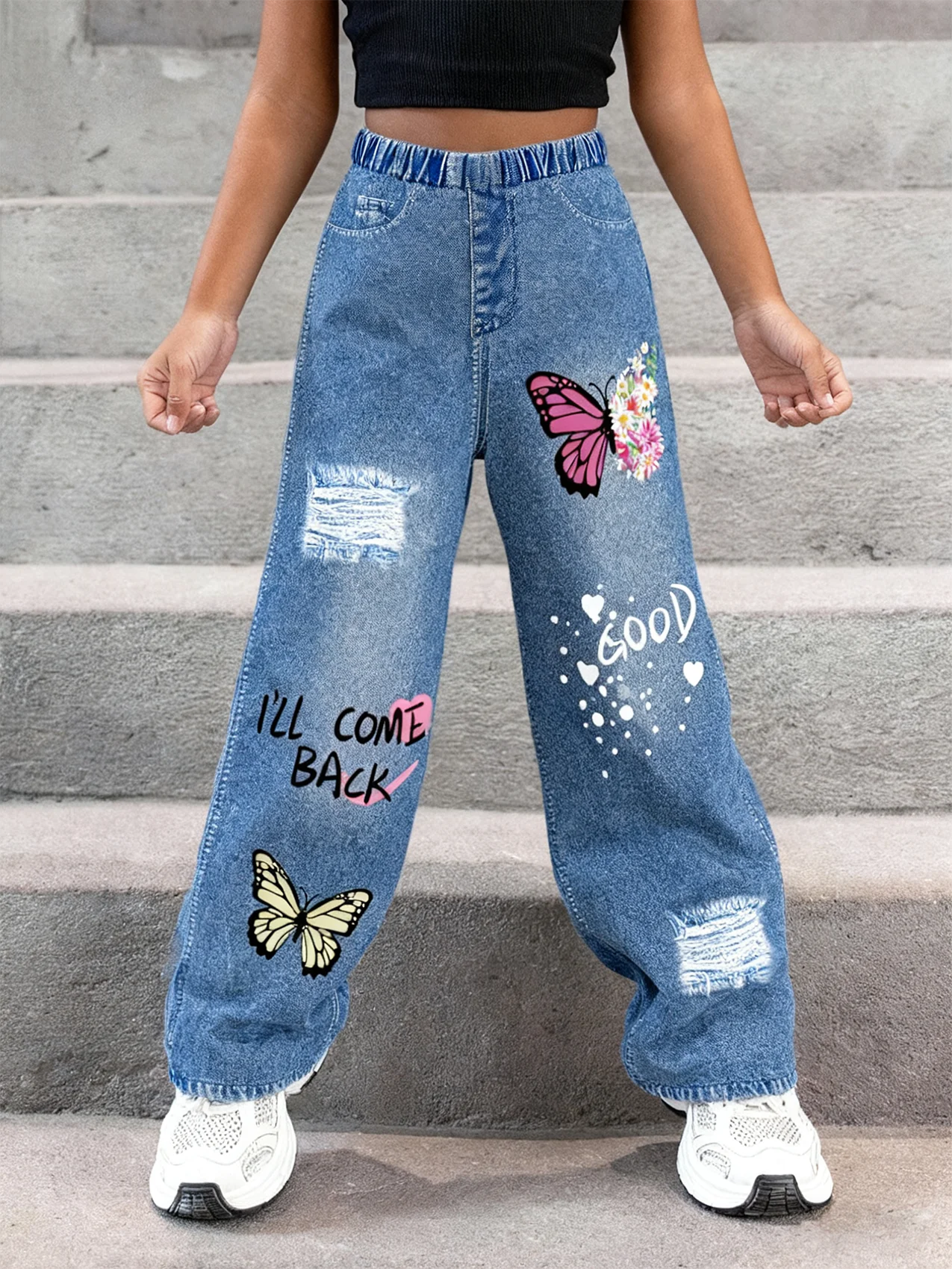 2025Girls' Y2K Butterfly Print Ripped Faux Jeans High-Rise Elastic Waist Loose Wide-Leg Faux Jeans