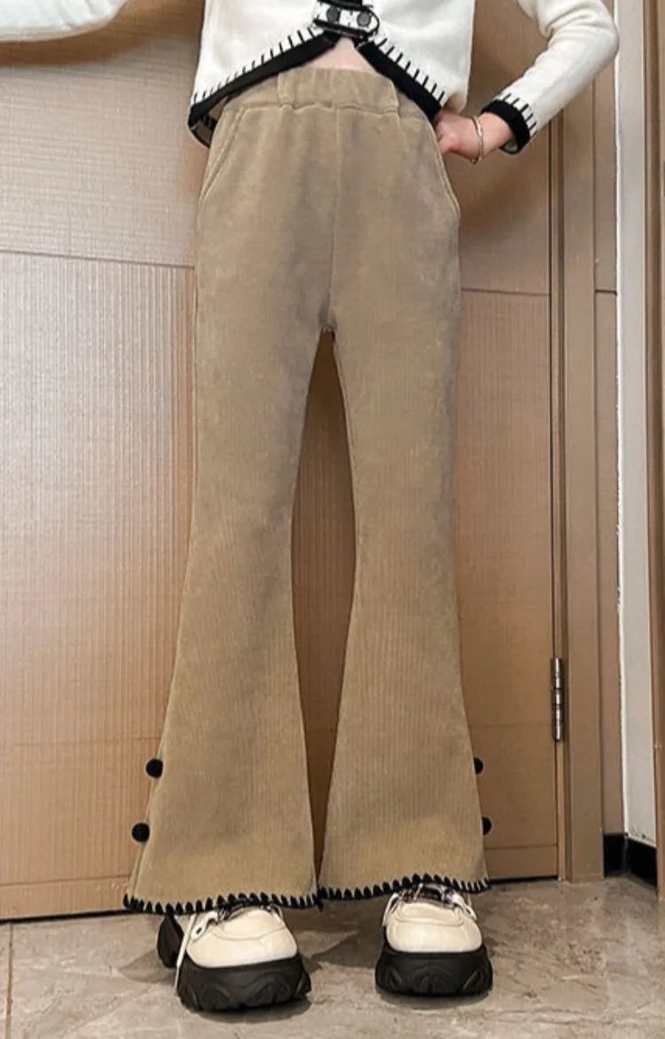 Girl's Autumn Winter New Mid-Weight Flared Jeans with Integrated Fleece-Lining, Stylish Casual Pants for Tween Girls