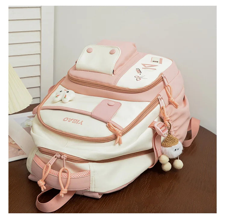 New cute rabbit children school backpack Fashionable splicing color contrast fresh lady knapsack kids schoolbags bring a doll