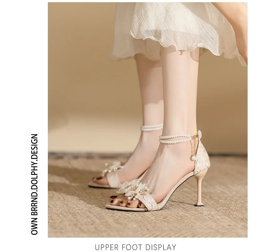 Small Size 31 -43 Women Peep Toe Sandals Wedding Heels Wide Fat Feet Shoes for Women Pearl Flower Bridal Shoes Zaptos Mujer