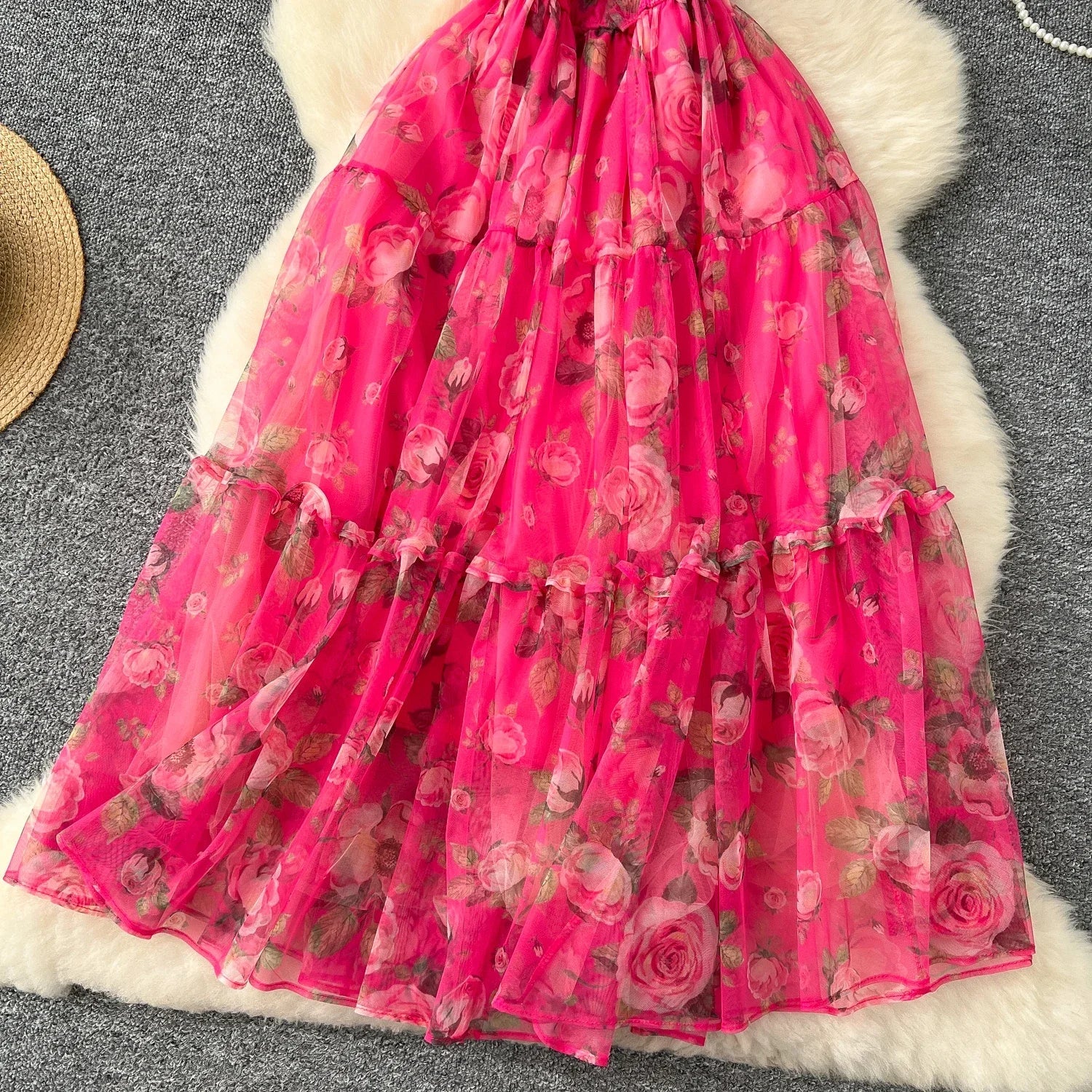 Retro Floral Chiffon Dr Women's Waist Cinched One oulder Bubble Sve Me Skirt Commute Korean Sle High Waist A-Line...